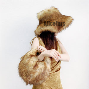 fluffy bucket hat in wide brim for women in original brown 1 Alicefurs