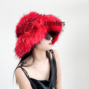 fluffy bucket hat in wide brim for women in red Alicefurs