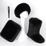 Fluffy Faux Fur Boots Headband Wristlet Bag 3 Items Set