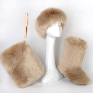 fluffy faux fur boots headband wristlet bag 3 items set in khaki Alicefurs