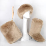 Fluffy Faux Fur Boots Headband Wristlet Bag 3 Items Set