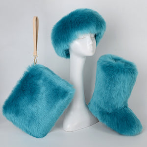 fluffy faux fur boots headband wristlet bag 3 items set in sapphire Alicefurs