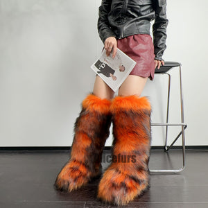 fluffy faux fur boots knee high for women in blackish orange 2 Alicefurs