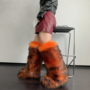 fluffy faux fur boots knee high for women in blackish orange 3 Alicefurs