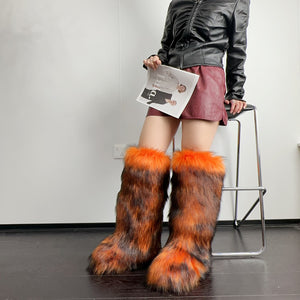 fluffy faux fur boots knee high for women in blackish orange Alicefurs