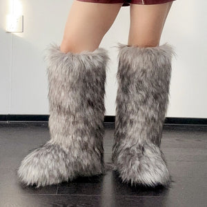 fluffy faux fur boots knee high for women in dusty grey 2 Alicefurs