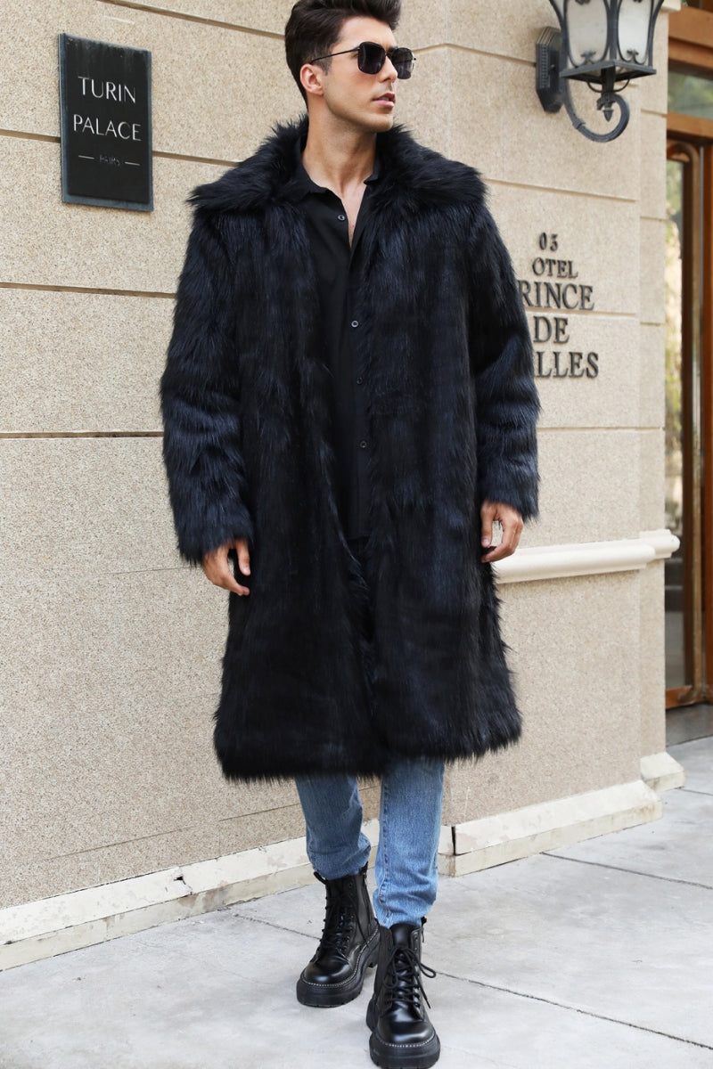 fluffy faux fur coat winter casual long overcoat for men in black Alicefurs