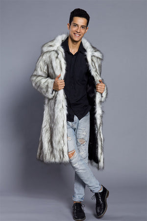 fluffy faux fur coat winter casual long overcoat for men in blackish white 1 Alicefurs