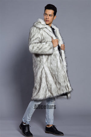 fluffy faux fur coat winter casual long overcoat for men in blackish white 2 Alicefurs
