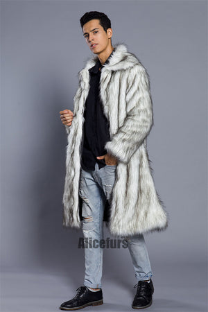 fluffy faux fur coat winter casual long overcoat for men in blackish white 3 Alicefurs