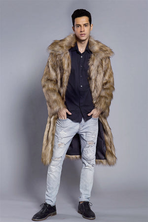 fluffy faux fur coat winter casual long overcoat for men in brown 1 Alicefurs