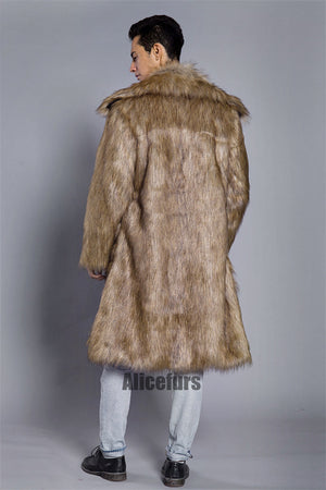 fluffy faux fur coat winter casual long overcoat for men in brown 3 Alicefurs