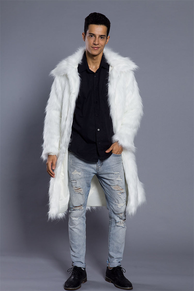 fluffy faux fur coat winter casual long overcoat for men in white 1 Alicefurs