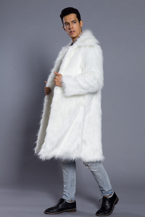 fluffy faux fur coat winter casual long overcoat for men in white 2 Alicefurs
