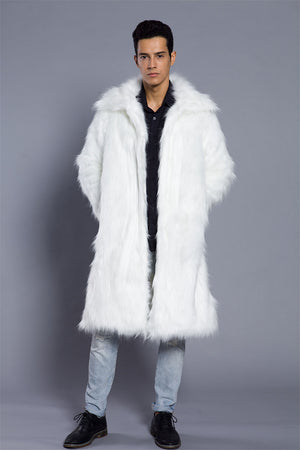 fluffy faux fur coat winter casual long overcoat for men in white Alicefurs