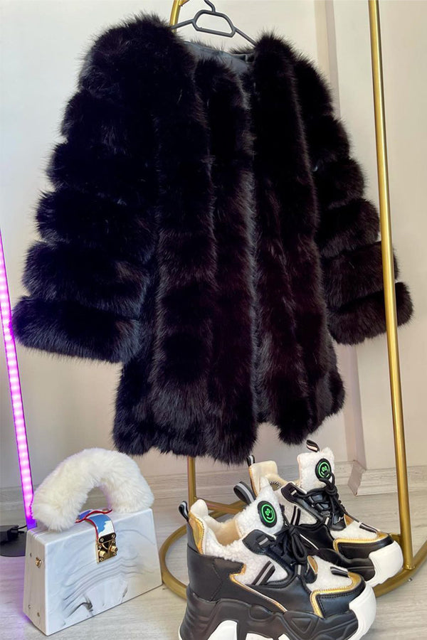 Fluffy Faux Fur Coat Winter Warm Collarless Overcoat for Women