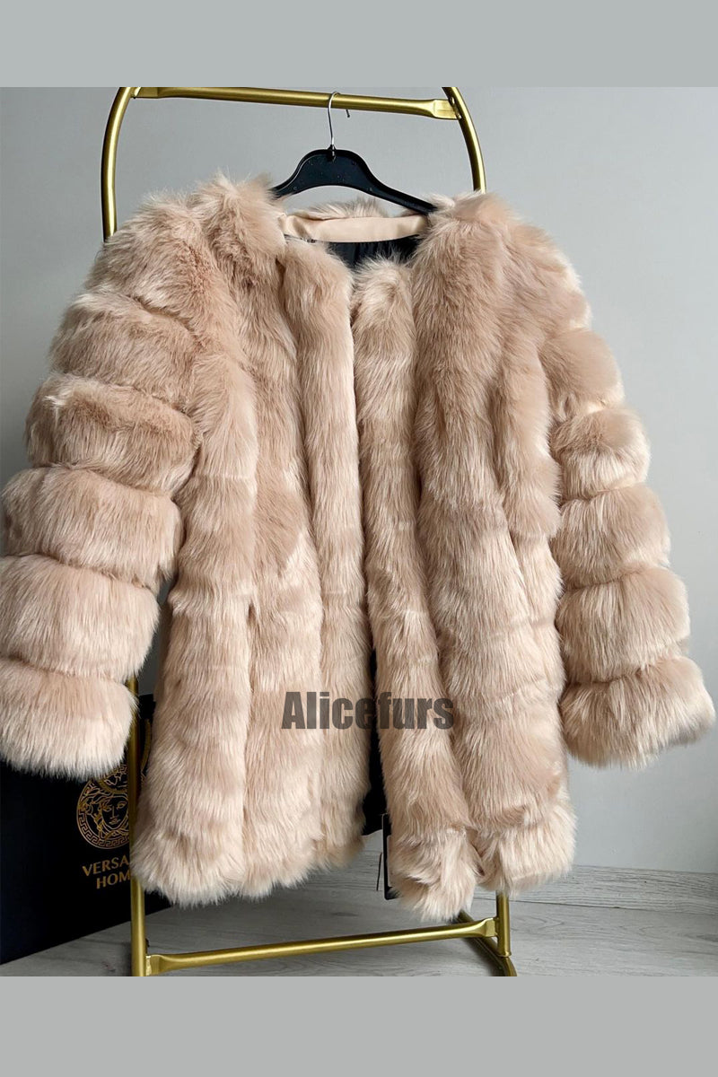 Fluffy Faux Fur Coat Winter Warm Collarless Overcoat for Women