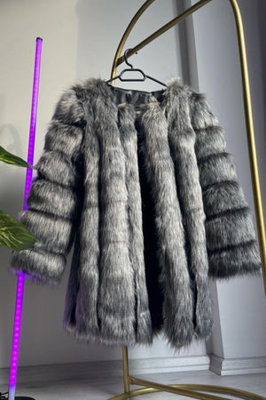 fluffy faux fur coat winter collarless overcoat for women in dusty gray Alicefurs