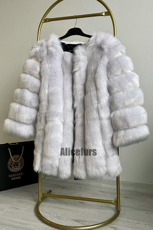 fluffy faux fur coat winter collarless overcoat for women in original white 1 Alicefurs