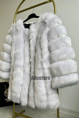 fluffy faux fur coat winter collarless overcoat for women in original white 2 Alicefurs