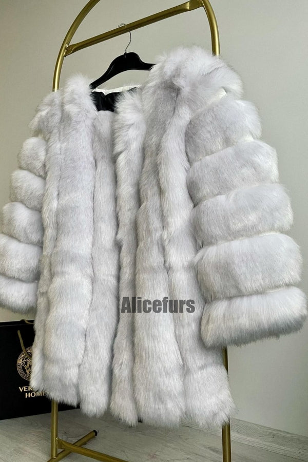 Fluffy Faux Fur Coat Winter Warm Collarless Overcoat for Women