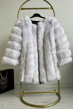 fluffy faux fur coat winter collarless overcoat for women in original white Alicefurs
