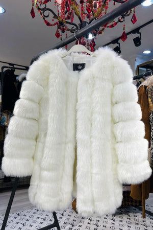 fluffy faux fur coat winter collarless overcoat for women in white Alicefurs