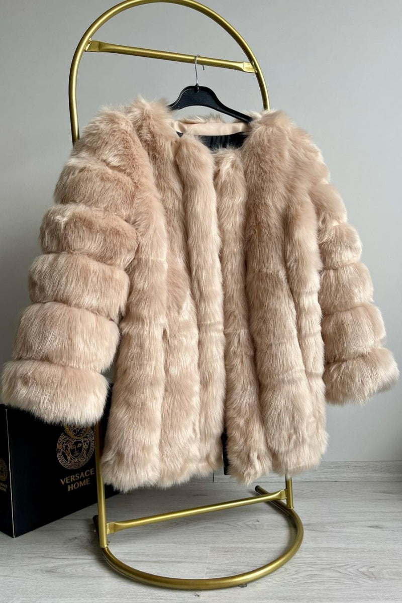 Fluffy Faux Fur Coat Winter Warm Collarless Overcoat for Women