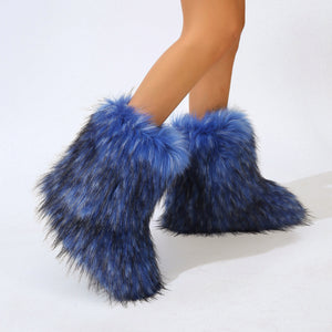 fluffy fur boots winter warm flat boots for women in blue 1 Alicefurs