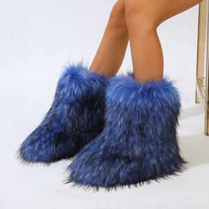 fluffy fur boots winter warm flat boots for women in blue 2 Alicefurs