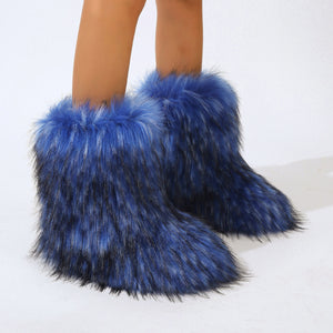fluffy fur boots winter warm flat boots for women in blue Alicefurs