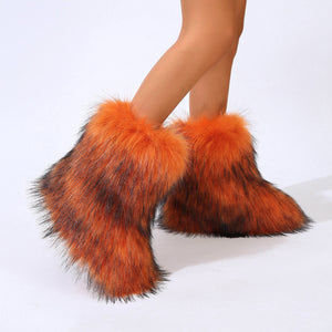 fluffy fur boots winter warm flat boots for women in orange 2 Alicefurs