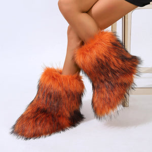 fluffy fur boots winter warm flat boots for women in orange 4 Alicefurs