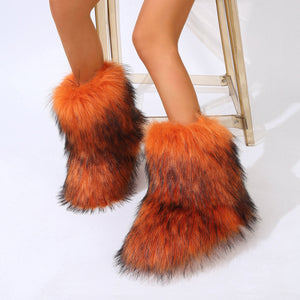 fluffy fur boots winter warm flat boots for women in orange 5 Alicefurs