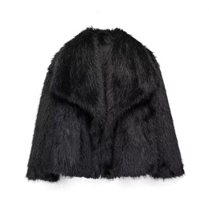 fluffy fur jacket big shawl collar short fuzzy coat for women in black 1 Alicefurs