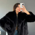 fluffy fur jacket big shawl collar short fuzzy coat for women in black 3 Alicefurs