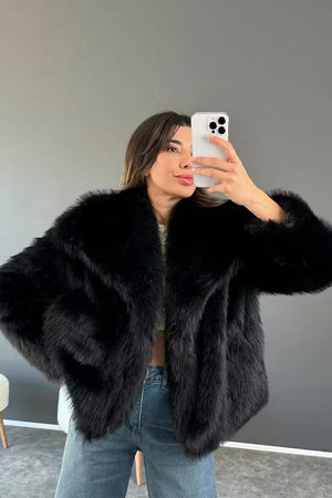 fluffy fur jacket big shawl collar short fuzzy coat for women in black 3 Alicefurs