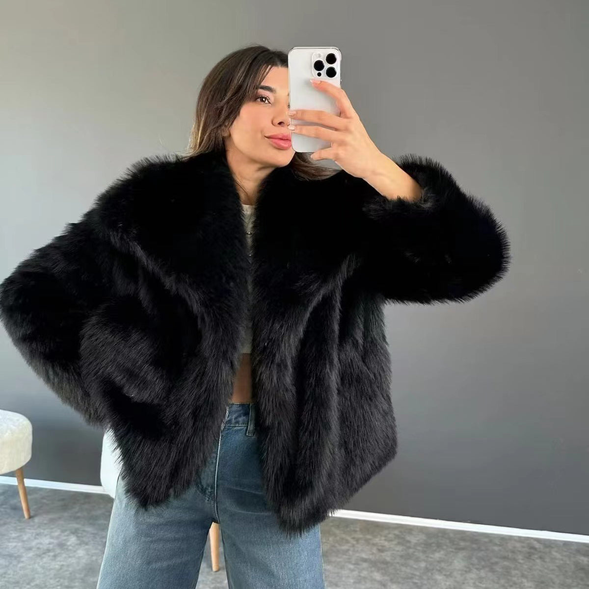 Fluffy Fur Jacket Big Shawl Collar Short Fuzzy Coat for Women