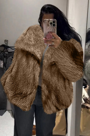 fluffy fur jacket big shawl collar short fuzzy coat for women in brown Alicefurs