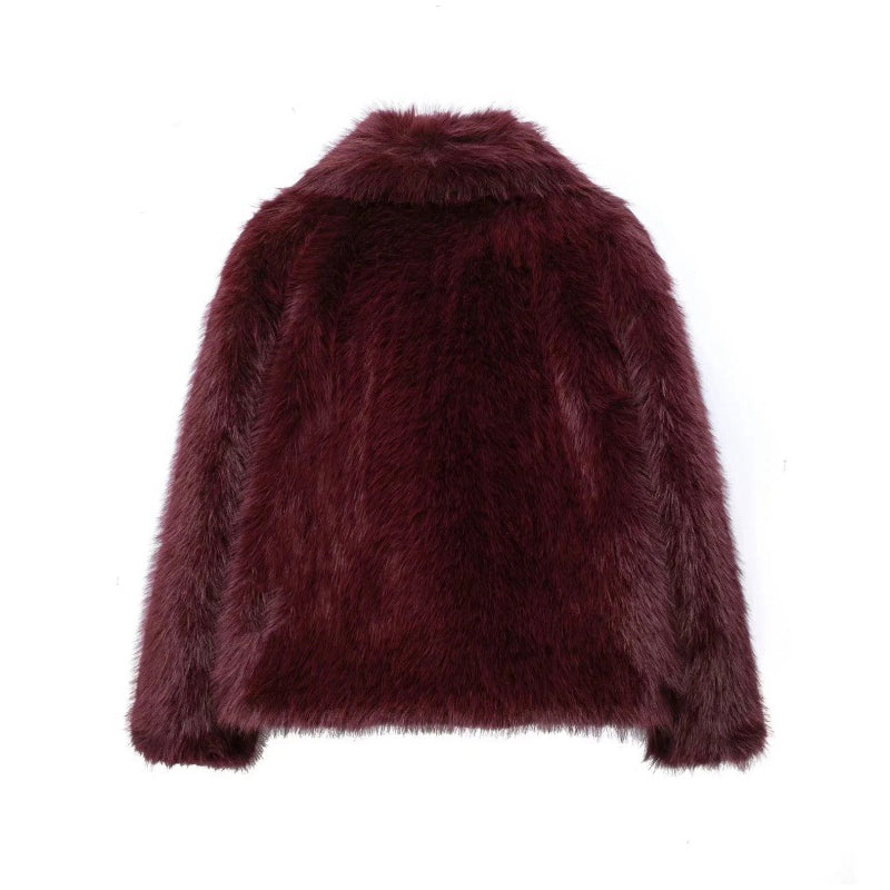 Fluffy Fur Jacket Big Shawl Collar Short Fuzzy Coat for Women