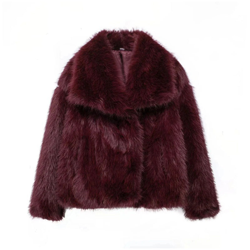 Fluffy Fur Jacket Big Shawl Collar Short Fuzzy Coat for Women