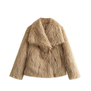 fluffy fur jacket big shawl collar short fuzzy coat for women in camel Alicefurs