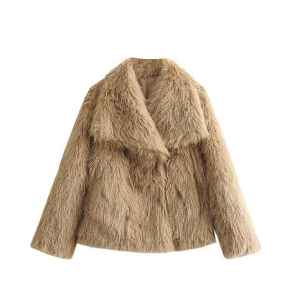 Fluffy Fur Jacket Big Shawl Collar Short Fuzzy Coat for Women