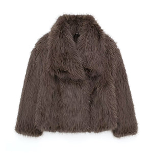 fluffy fur jacket big shawl collar short fuzzy coat for women in chocolate brown Alicefurs
