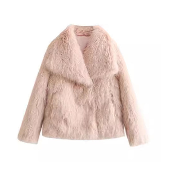 Fluffy Fur Jacket Big Shawl Collar Short Fuzzy Coat for Women