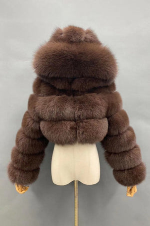 fluffy fur jacket cropped zipper outerwear with hood for women in coffee 1 Alicefurs
