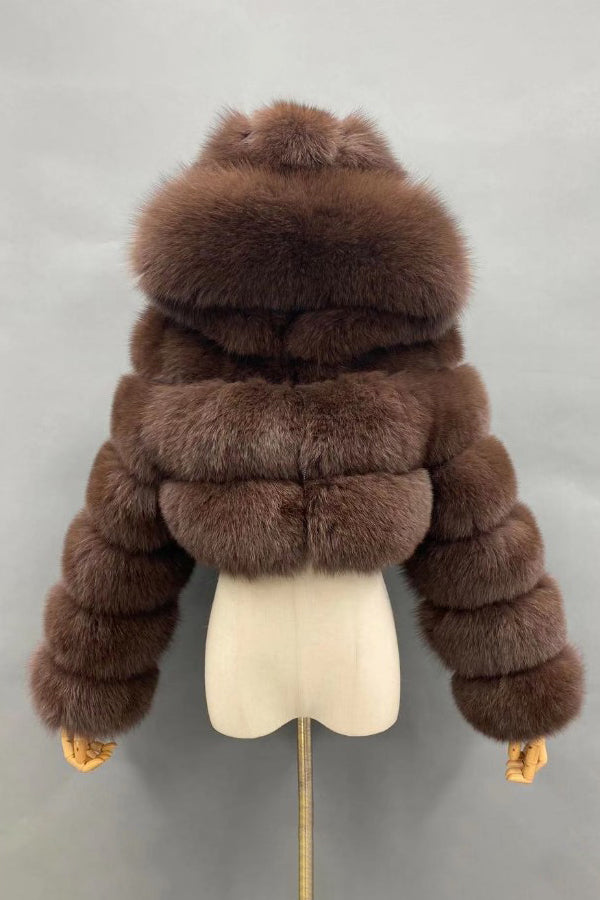 Fluffy Fur Jacket Cropped Zipper Outerwear with Hood for Women