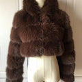 fluffy fur jacket cropped zipper outerwear with hood for women in coffee in chocolate brown Alicefurs