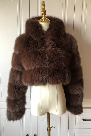 fluffy fur jacket cropped zipper outerwear with hood for women in coffee in chocolate brown Alicefurs