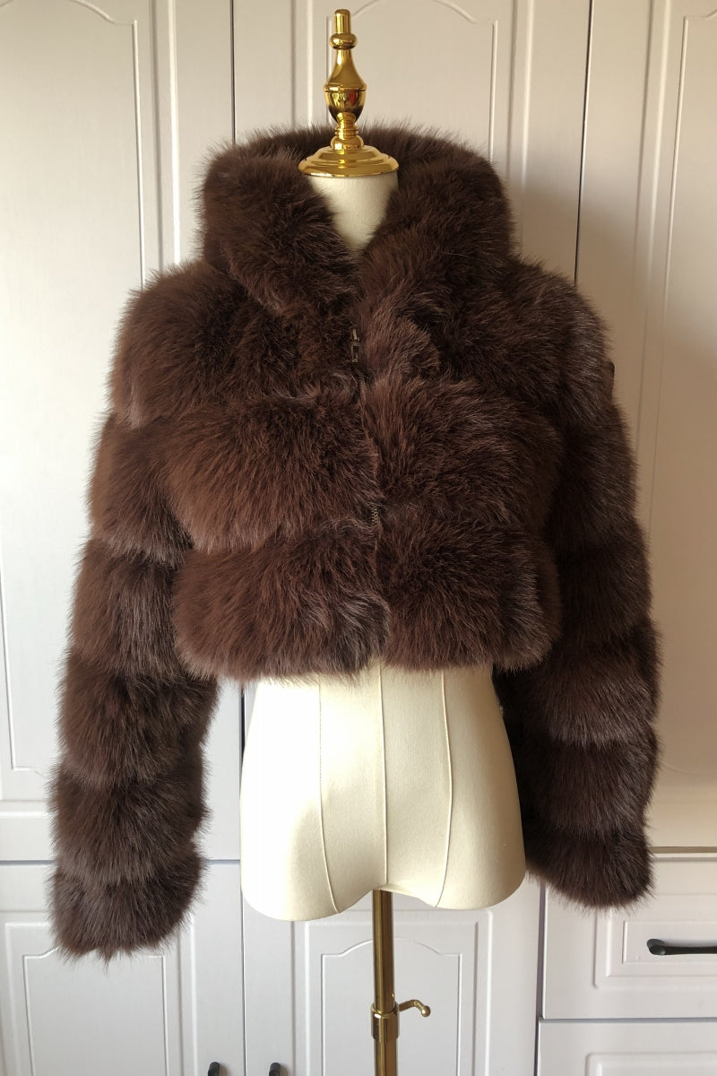 Fluffy Fur Jacket Cropped Zipper Outerwear with Hood for Women